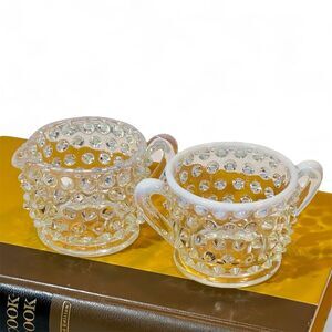 Anchor Hocking Opalescent Moonstone Hobnail Mini-Creamer and Sugar Set Glass